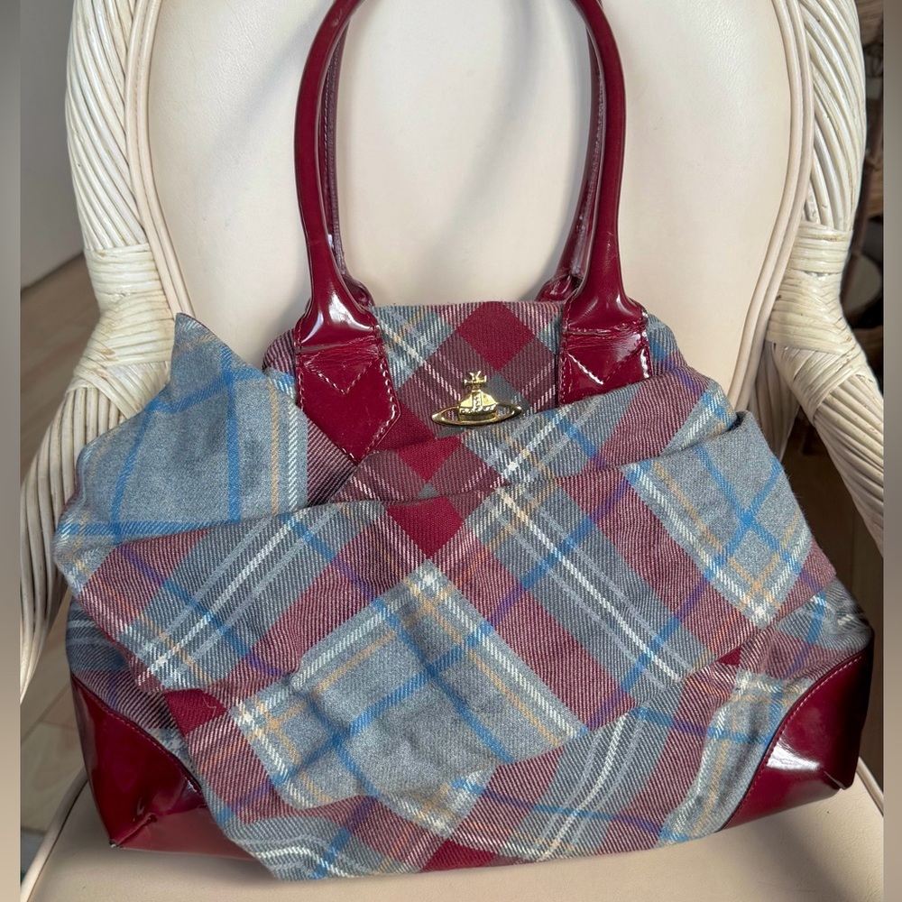 VIVIENNE WESTWOOD Nana Plaid Cloth/Leather  Bow Punk Bag. Large. Made in Italy